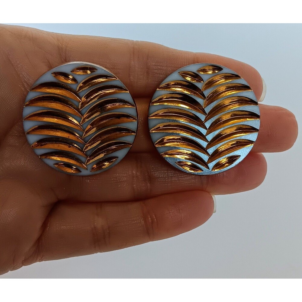 Vintage White & Gold Cut Glass Fern ClipOn Earrings 1.25 in